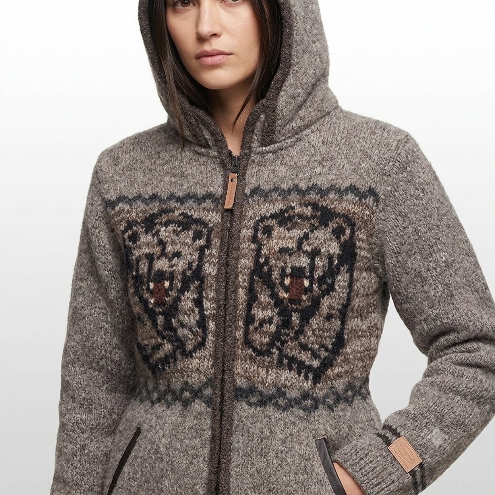 Kyber Outerwear Wool Hooded Sweater Jacket Bear Intarsia Gray Tan M Cabin Boho